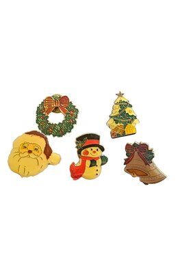 Set Of 5 Vintage Christmas-Themed Enamel Pins Featuring Santa Snowman Tree Wreat